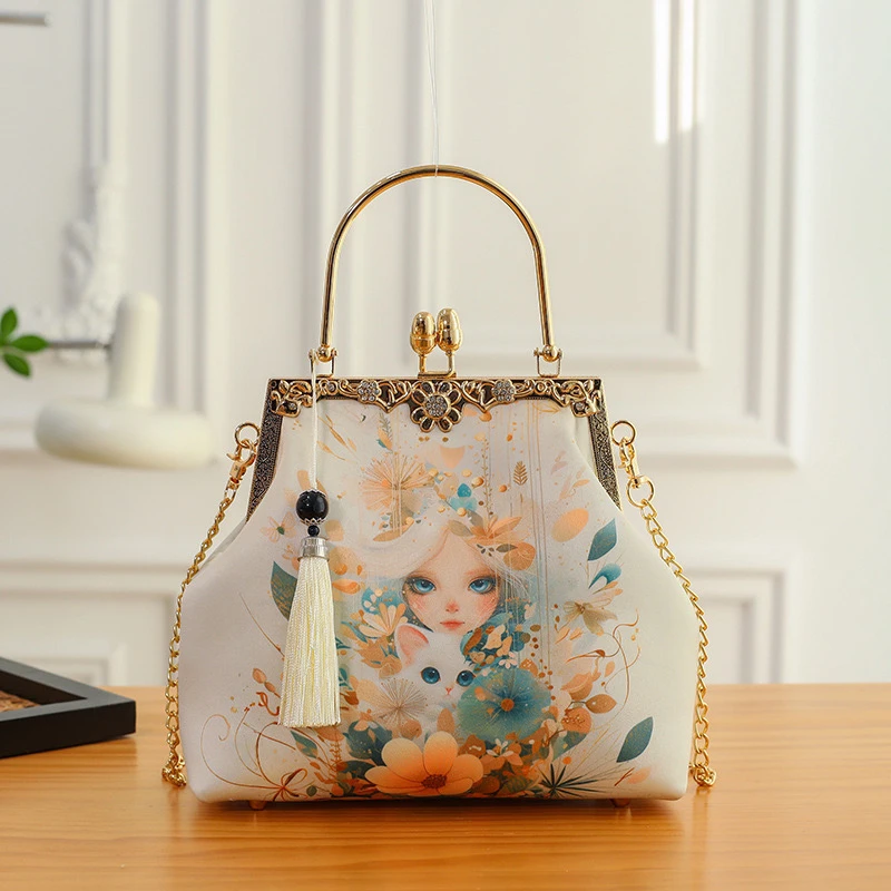 【萌系少女与猫咪】新中式汉服搭配精致印花手提斜挎单肩包小众A543