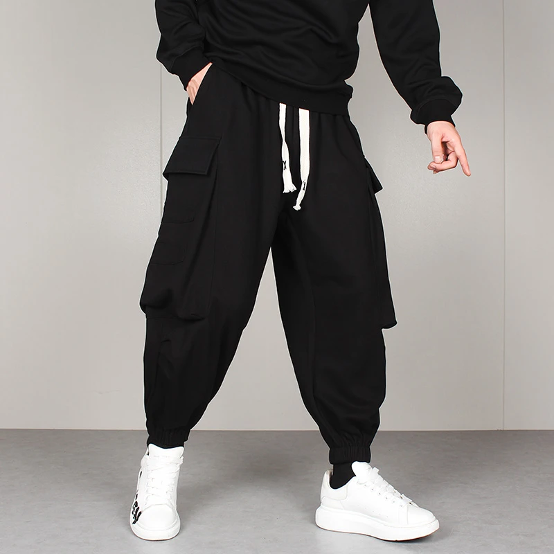大码宽松裤子男潮流冬季新款休闲哈伦九分裤多口袋束脚工装裤机能