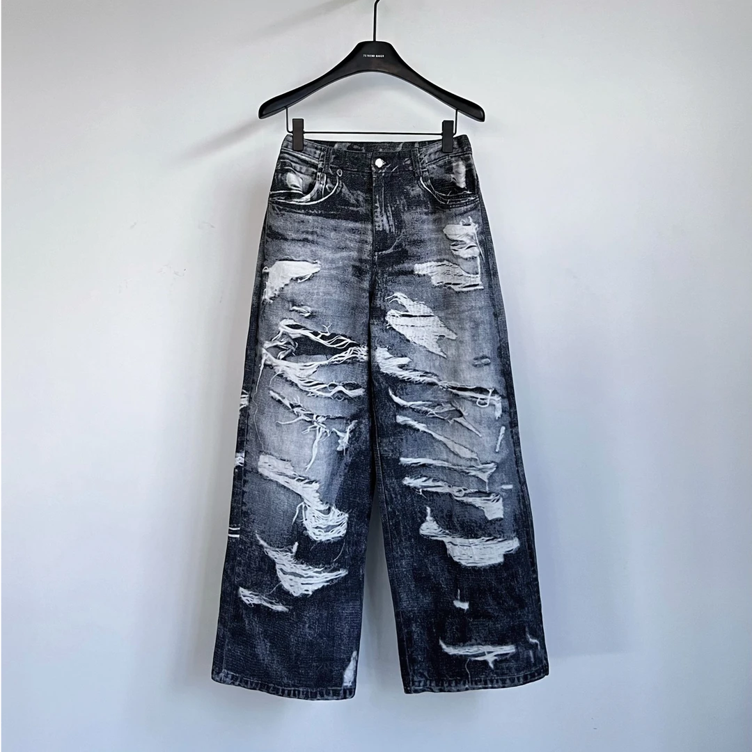 【破价新品】小众美式破洞印花阔腿牛仔裤 1151