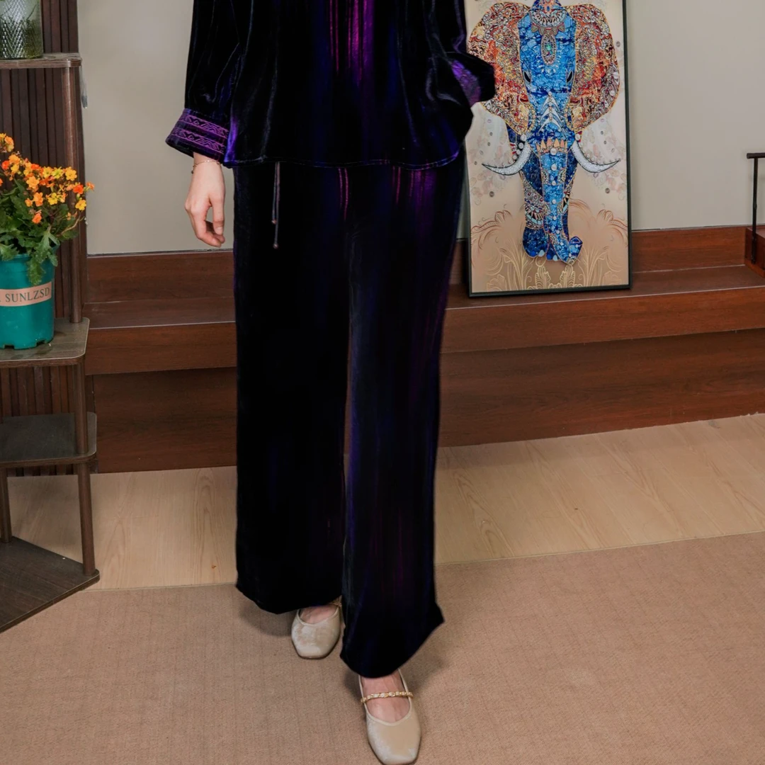 （古韵蚕依）新款紫色真丝丝绒时尚气质休闲洋气阔腿休闲裤