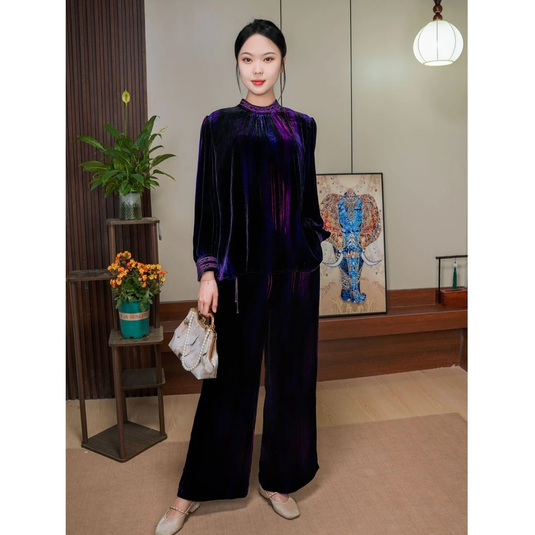新款紫色真丝丝绒时尚气质休闲洋气女装