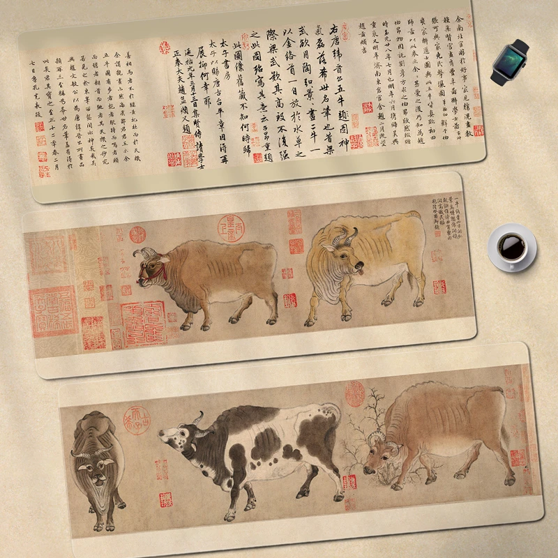 大号高颜值鼠标垫中国名画五牛图办公家用加厚鼠标垫子国画桌垫