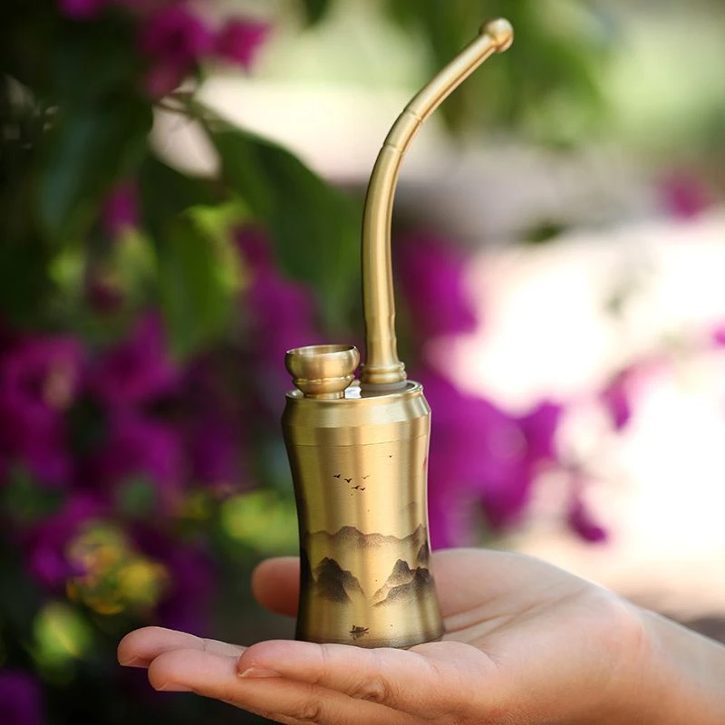 纯铜黄铜彩绘山水便携式水过滤烟嘴水烟筒烟筒烟斗老式水烟袋