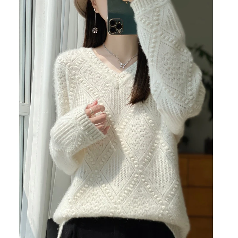 七针加厚V领镂空长袖百搭内搭纯羊毛D325
