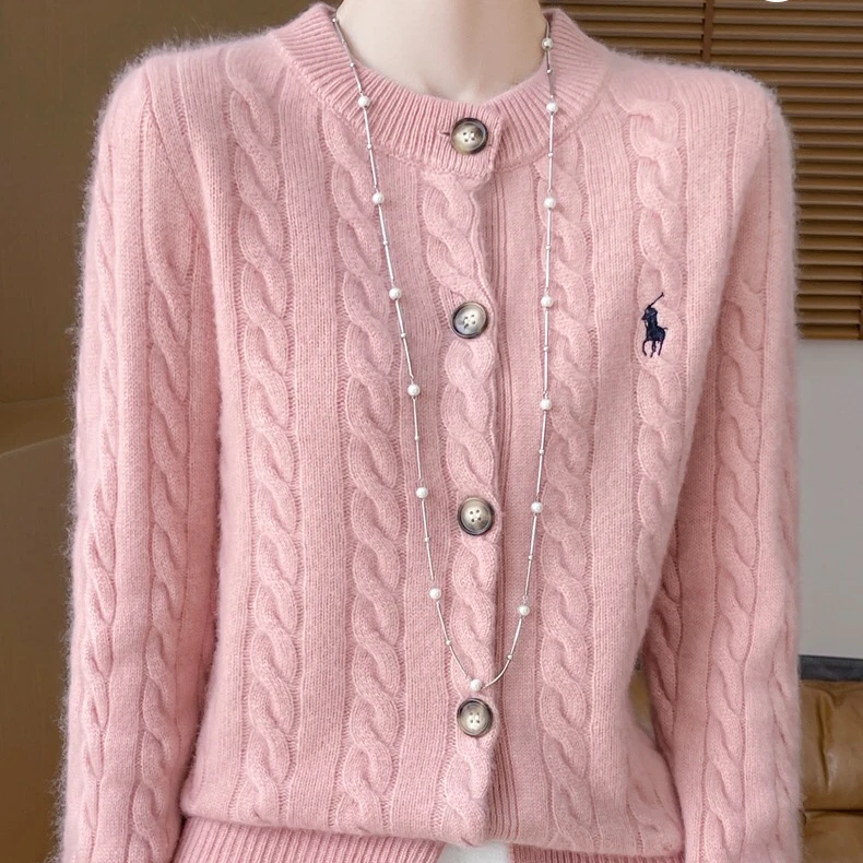 100%美丽诺羊毛扭花刺绣小马加厚圆领开衫女宽松显瘦D421