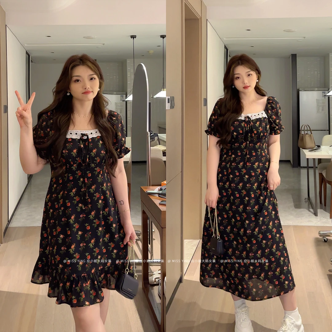 应小姐【温莎庄园】微胖大码女装夏季显瘦碎花蕾丝气质风宽松连衣裙