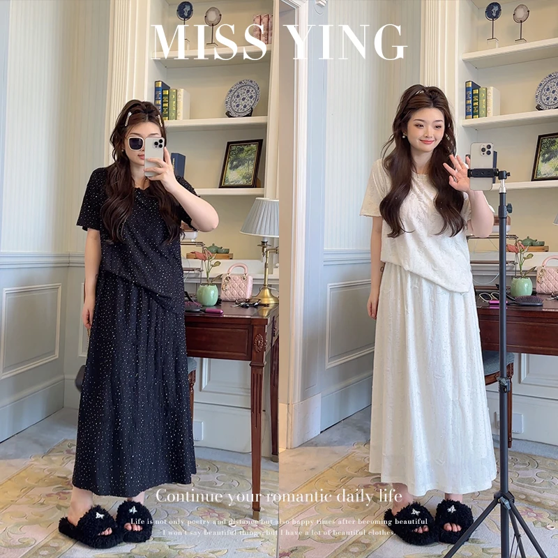 应小姐【半熟恋人】微胖大码韩系休闲气质时尚休闲亮钻短袖T恤+半裙