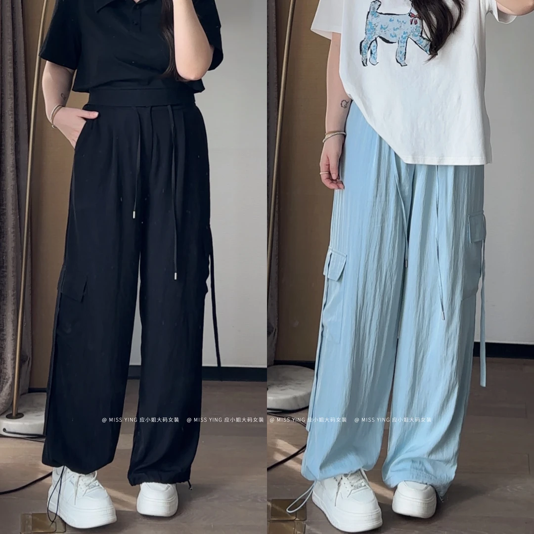 应小姐【轻氧辣妹】大码女装宽松显瘦设计工装长裤时尚日常通勤裤子