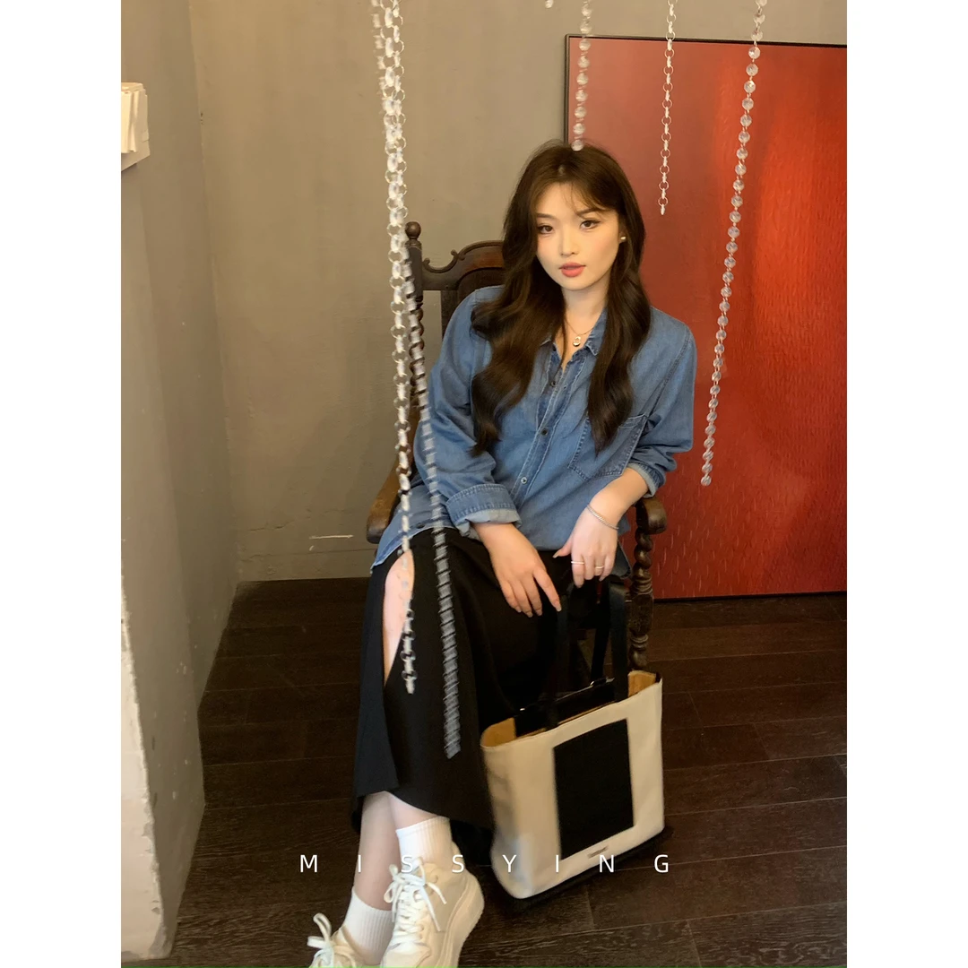 应小姐【男友衬衫】微胖大码女装显瘦宽松时尚牛仔百搭气质衬衫