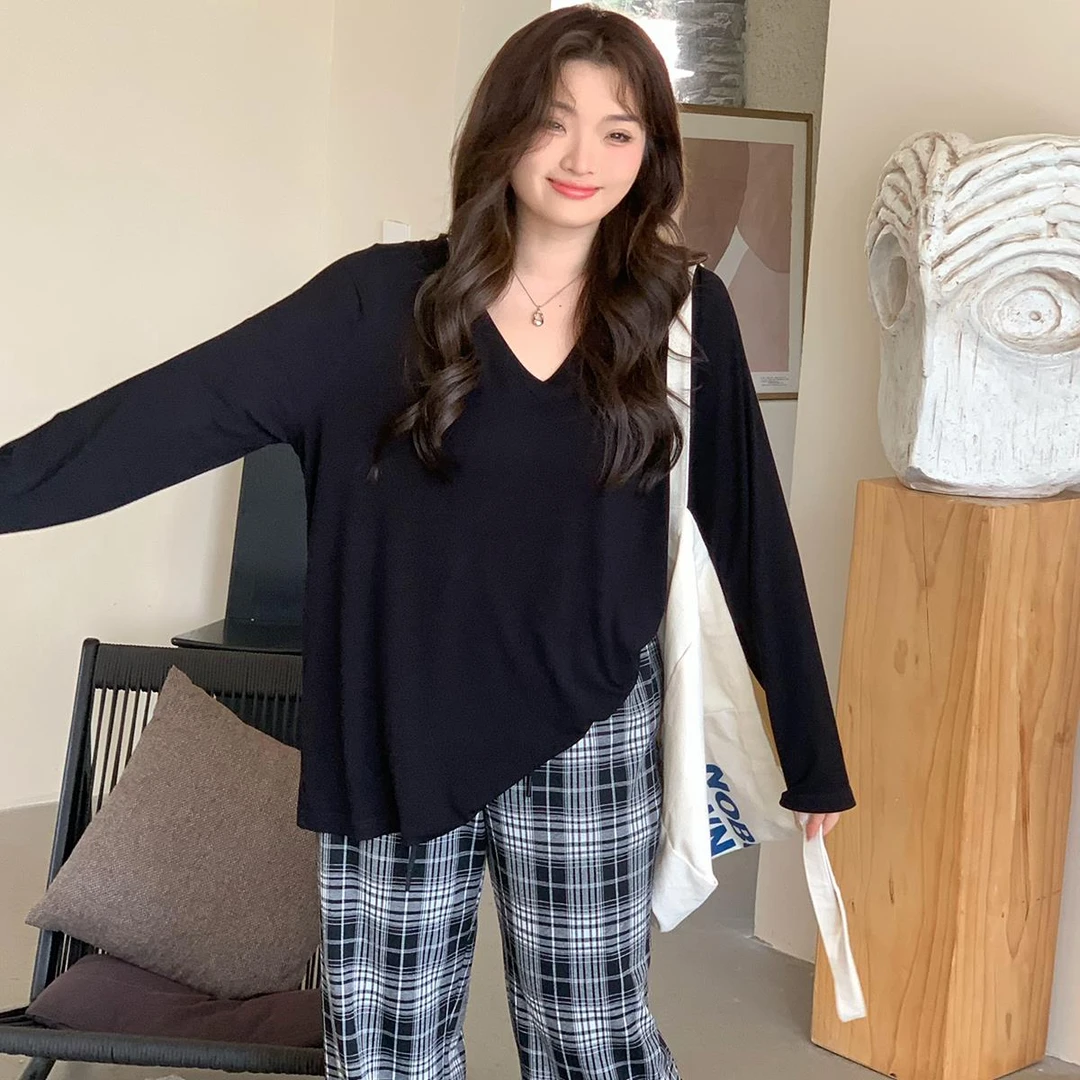 应小姐【慵懒午后】微胖大码女装显瘦宽松时尚休闲百搭上衣格子裤