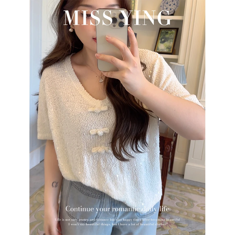 应小姐【椰蓉白巧】微胖大码夏季韩系显瘦亮钻气质时尚针织短袖上衣
