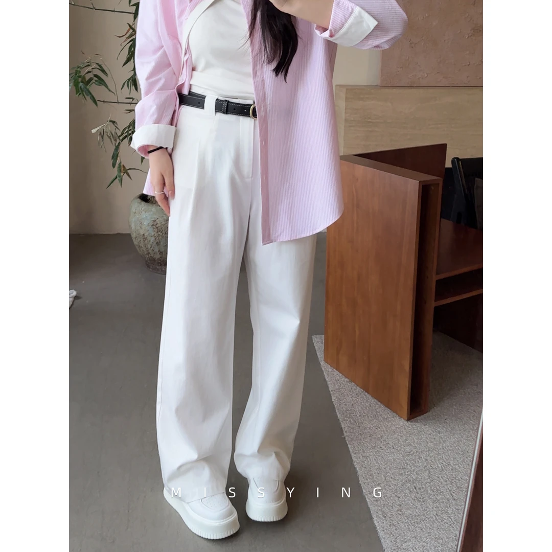 应小姐【丁达尔】微胖大码韩系显瘦宽松设计高腰直筒浅色休闲裤