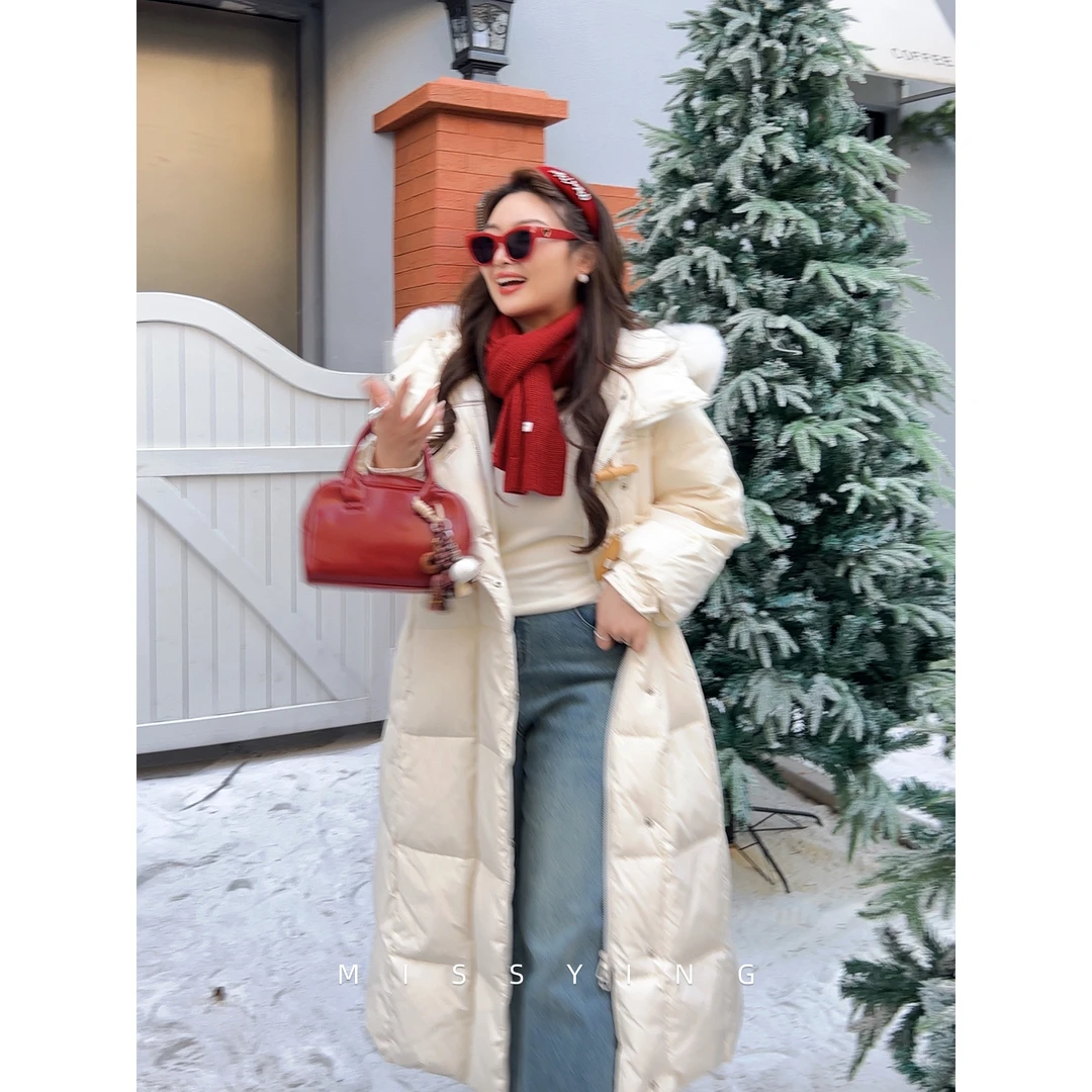 应小姐【维也纳】微胖大码显瘦韩系冬季保暖连帽加厚鸭绒长款羽绒服
