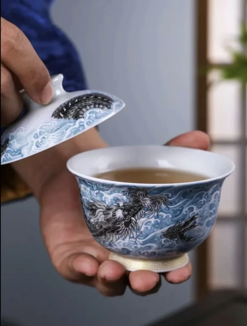 景德镇中式陶瓷墨龙游海茶具茶器家用高端手工二才盖碗名窑玉瓷