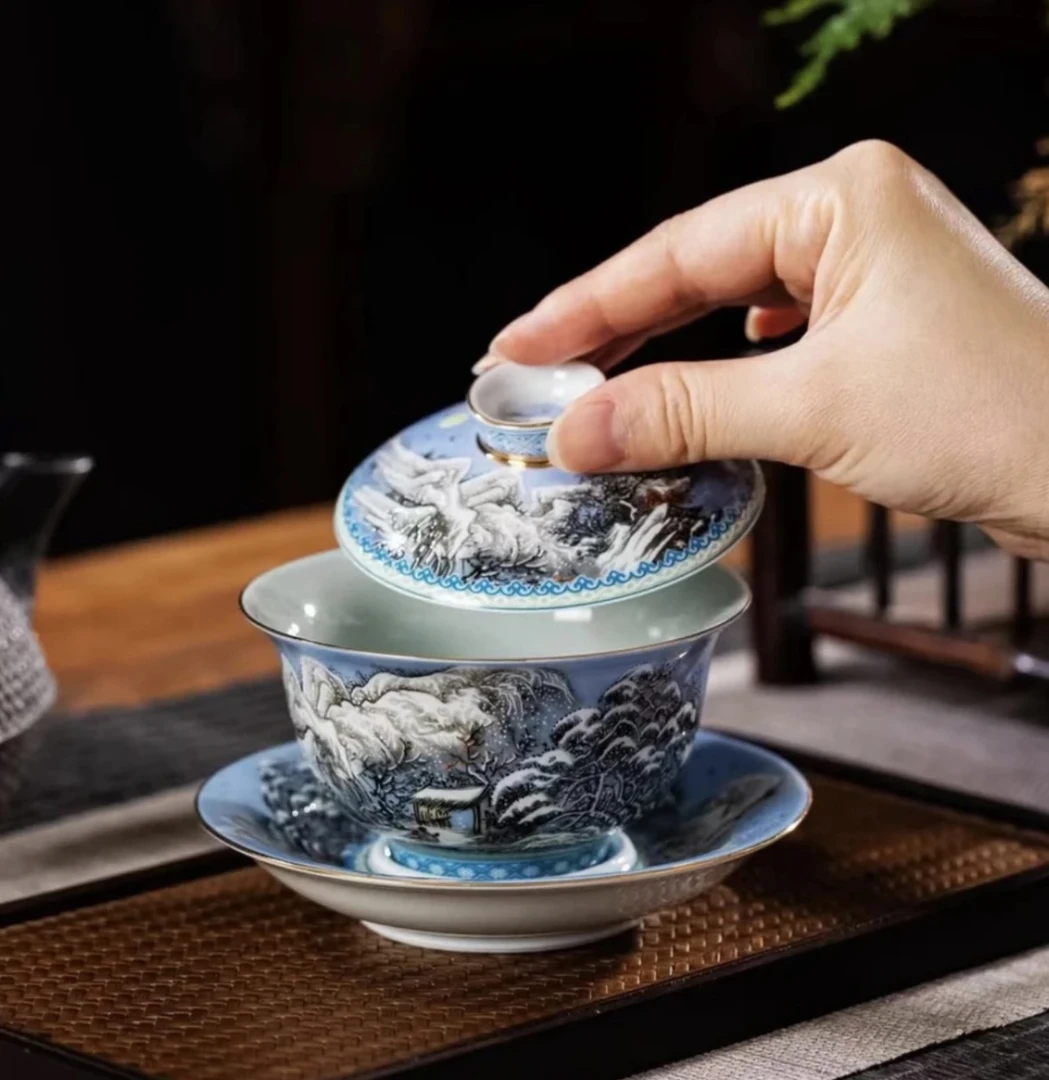 景德镇粉彩瑞雪兆丰年品茗三才盖碗手工家用茶杯陶瓷珐琅彩鎏银