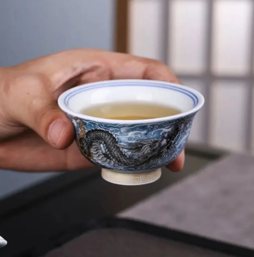 景德镇中式陶瓷墨龙游海茶具茶器高端手工小压手杯（容量60）