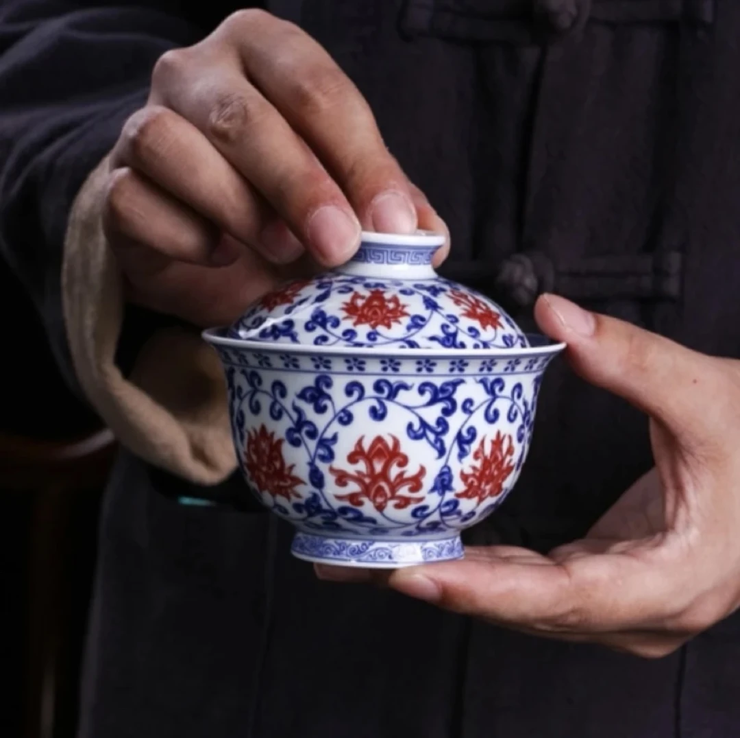 景德镇青花釉里红缠枝莲手工二才盖碗可悬停中式茶具高档名窑