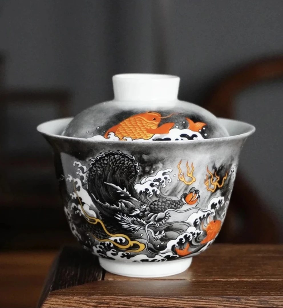 景德镇大师手工墨彩鱼化龙元宝二才盖碗高档复古家用陶瓷大容量