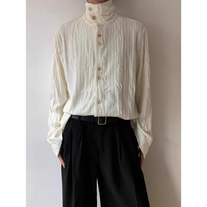 春秋高领打底新中式褶皱肌理感长袖立领衬衫男女法式复古翻领衬衣