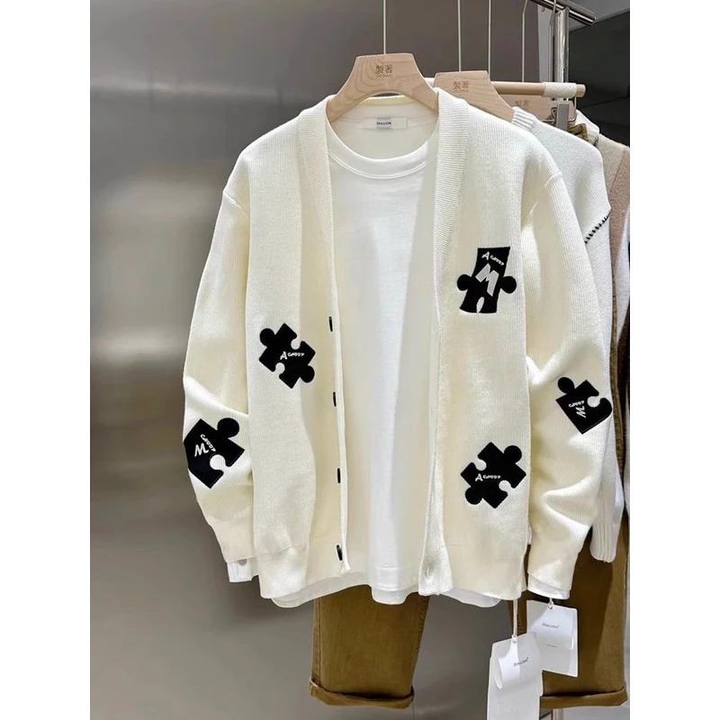 拼图白色长袖针织衫V领高级感提花拼色痞帅男士开衫夹克外套秋季