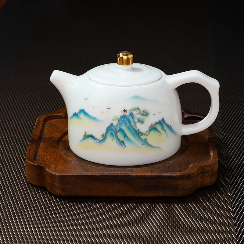 羊脂玉白瓷家用功夫茶具陶瓷单个旅行茶壶手工描金泡茶专用泡茶壶