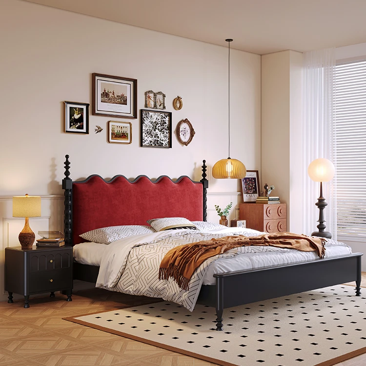 法式复古涟漪实木床中古风樱桃木色双人床轻法式软包床房间婚房