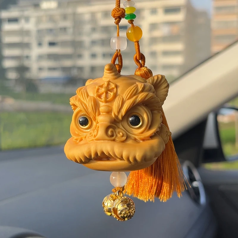 黄杨木醒狮随身盘玩手把件车载挂件汽车挂件