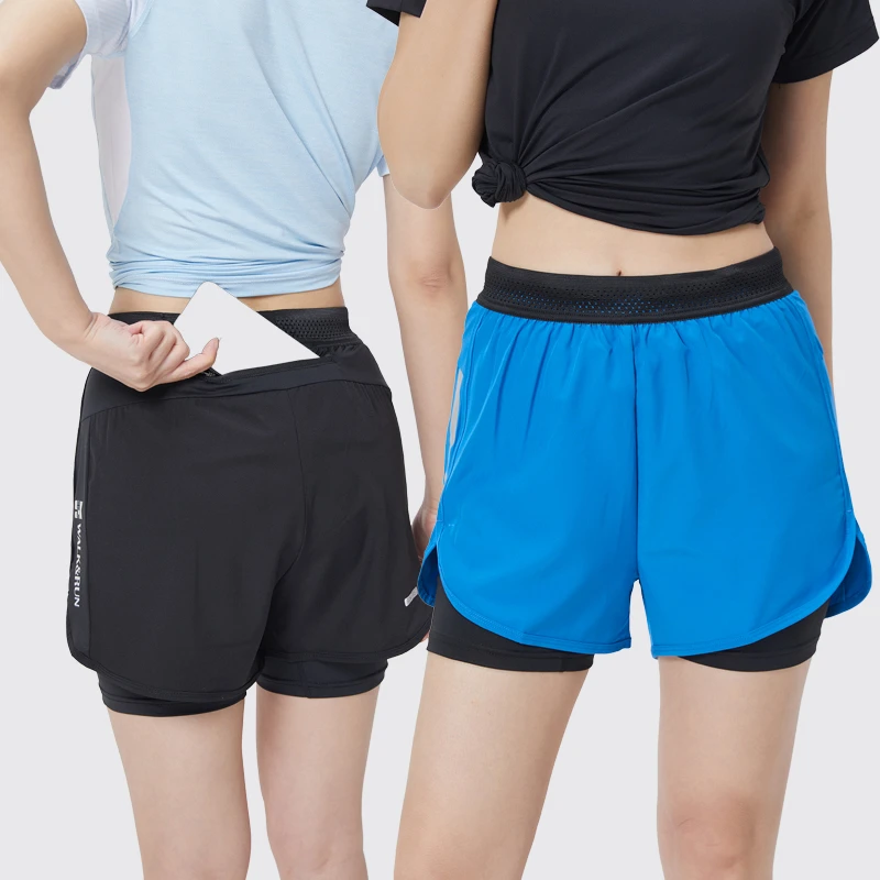 两口袋运动短裤女夏季薄款宽松速干健身跑步马拉松大码休闲假两件