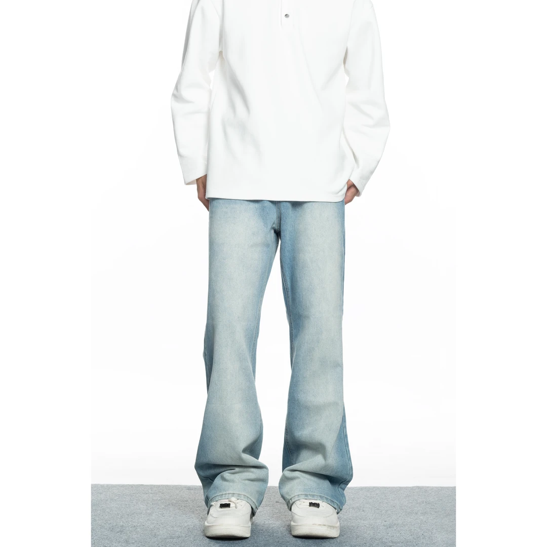 【怪兽实验室】美式高街浅色水洗做旧喷马骝微喇百搭休闲牛仔裤