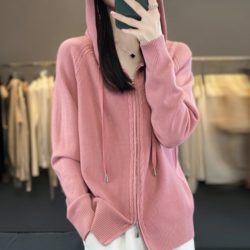 秋冬新款连帽针织羊毛开衫女宽松显瘦加厚休闲双拉链带帽打底外套