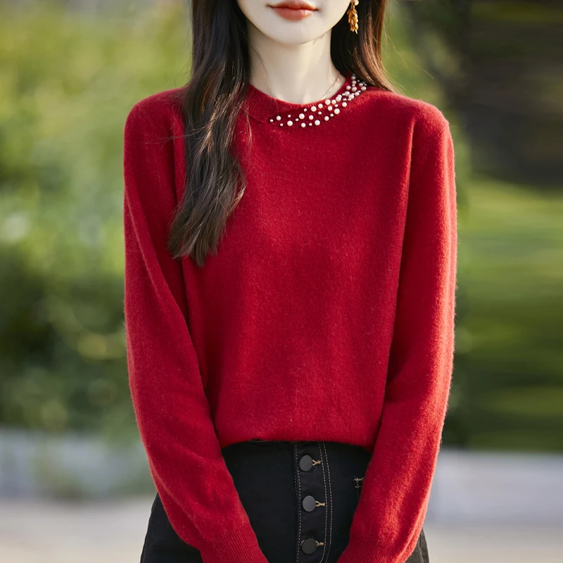 法式气质钉珠小香风针织衫女秋冬新款圆领套头打底衫宽松显瘦毛衣