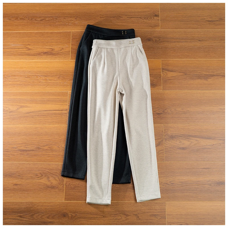 羊毛加厚哈伦裤女九分裤女格子休闲裤高腰裤子女2023秋冬新款显瘦