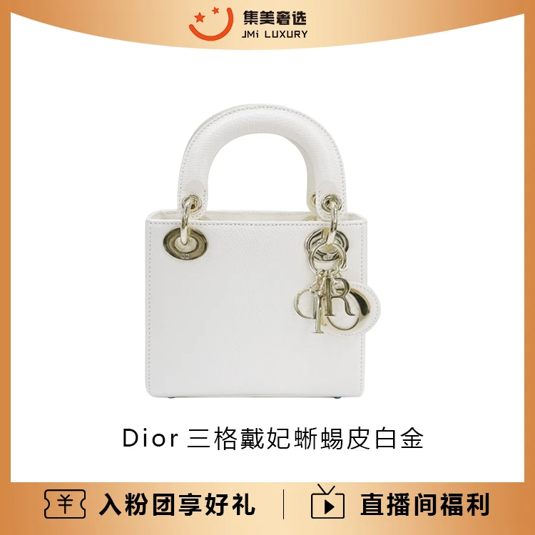 99新 DIOR/迪奥 Dior三格戴妃蜥蜴皮白金时尚气质包/AB2128