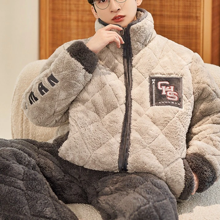 睡衣男士秋冬季三层夹棉加厚加绒保暖珊瑚绒超厚棉袄冬款家居服