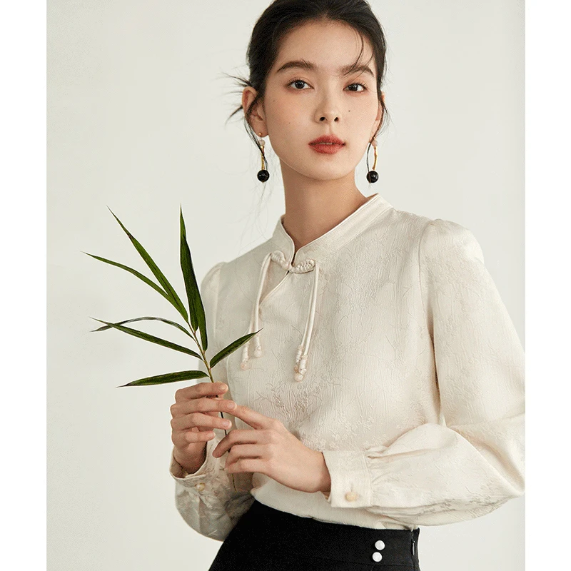 茵曼新中式国色梅花提花衬衣2023秋女新款手工盘扣气质18332240
