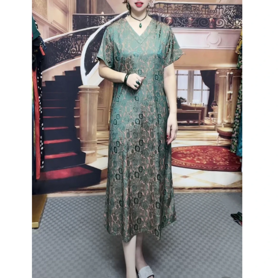 宝藏衣橱7102 时尚V领重磅提花裙子夏季气质中长款显瘦中式连衣裙