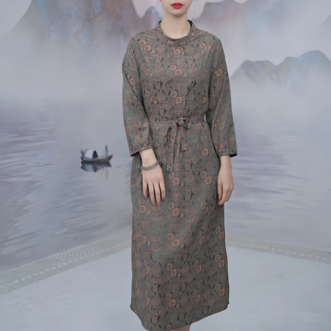 2747  时尚气质复古国风中式设计师款中长款女装连衣裙