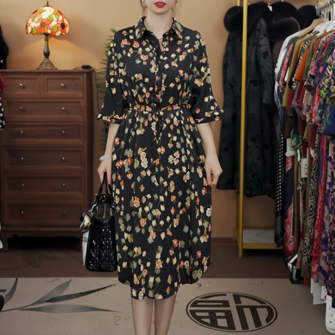 2584   法式浪漫玫瑰印花翻领系带显瘦女装连衣裙