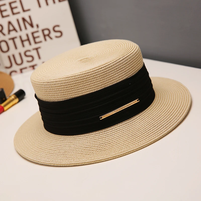 ins网红草帽女夏天复古英伦平顶礼帽韩版小清新沙滩防晒遮阳帽子