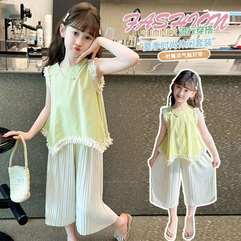 女童花边韩版夏季套装中小童外穿宽松纯色时尚无袖背心两件套薄款
