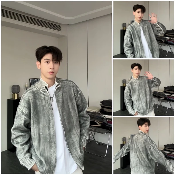 XF-秋季新款韩版简约设计休闲宽松慵懒外套渐变铅笔灰 特色毛衣