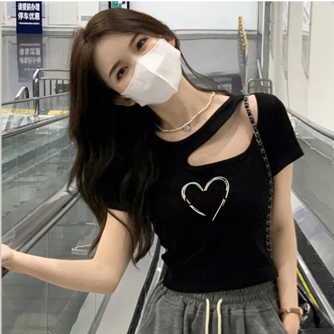 正肩设计感夏季镂空露锁骨短袖T恤打底衫修身穿搭显瘦女装上衣.