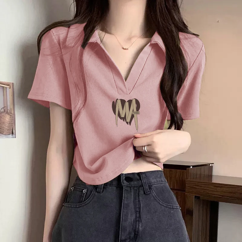 polo领短袖正肩t恤夏季韩系V领修身显瘦短款百搭不规则遮肚子上衣