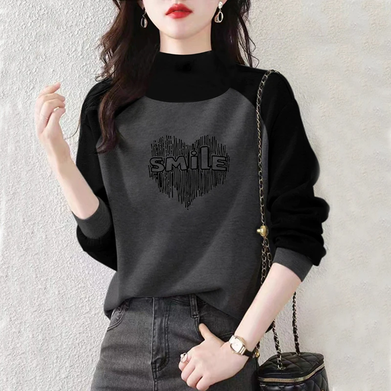 黑拼灰打底衫秋冬内搭长袖宽松遮肚子t恤女插肩袖半高领保暖上衣