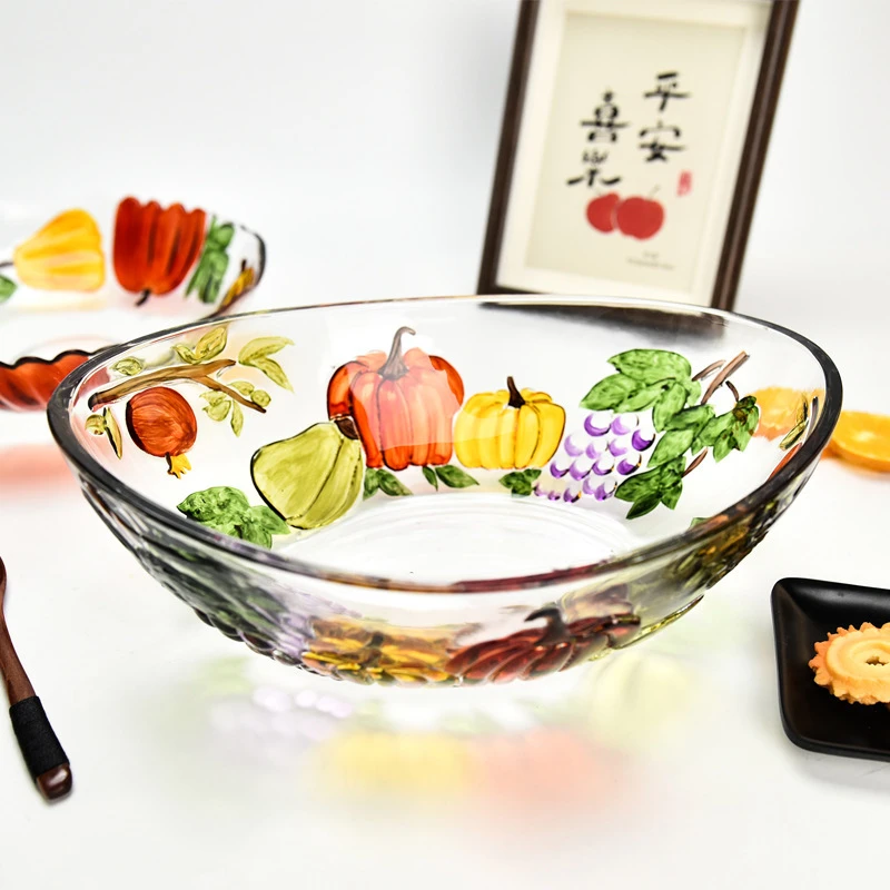 出口南瓜玻璃果盘 彩绘加厚果斗客厅摆件 零食糖果收纳盘子碗