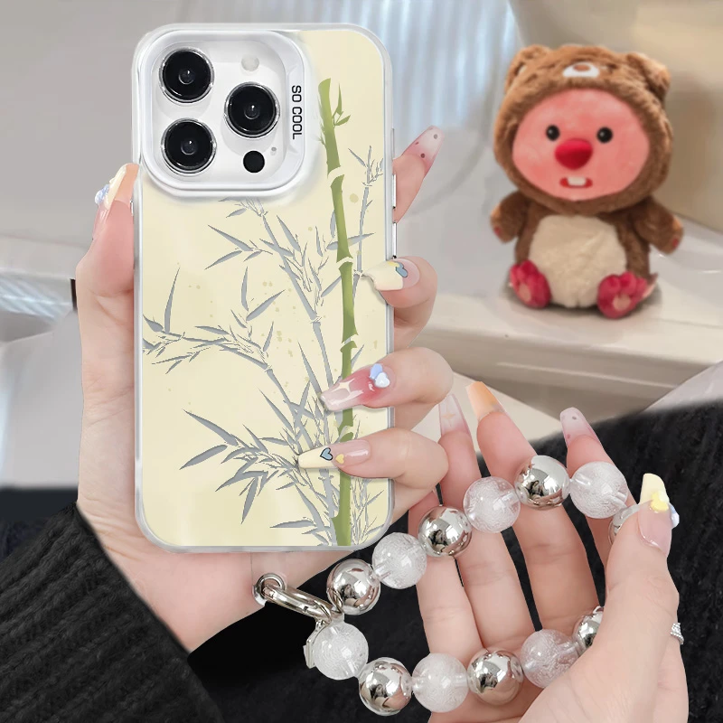 泼墨绿竹适用苹果iPhone华为OPPOvivo小米手机壳彩银可爱保护套