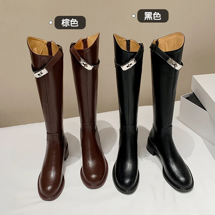 牛皮4cm时尚英伦风百搭斜口银扣高筒靴女中跟粗跟后拉链骑士靴子