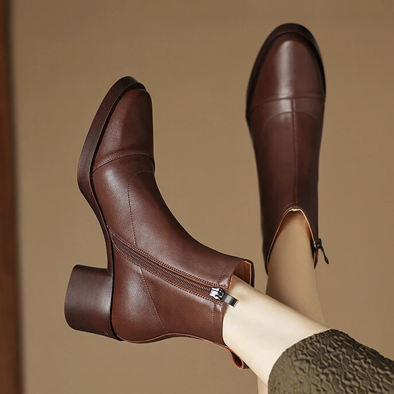 牛皮5cm/34-43码百搭英伦风复古拼接马丁靴女中粗跟侧拉链短靴子