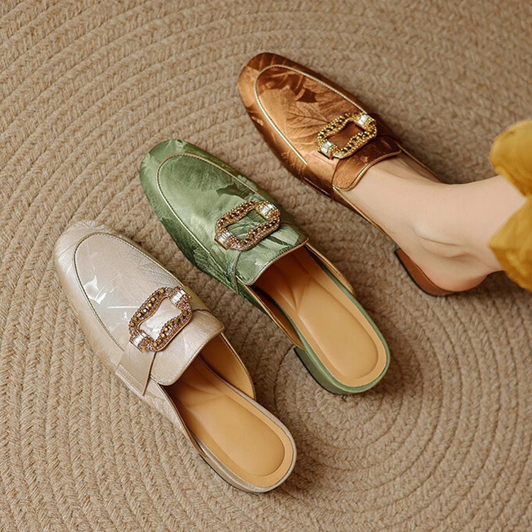 牛皮3cm轻奢时尚金属扣复古凉拖鞋女中跟粗跟国风外穿包头半拖鞋