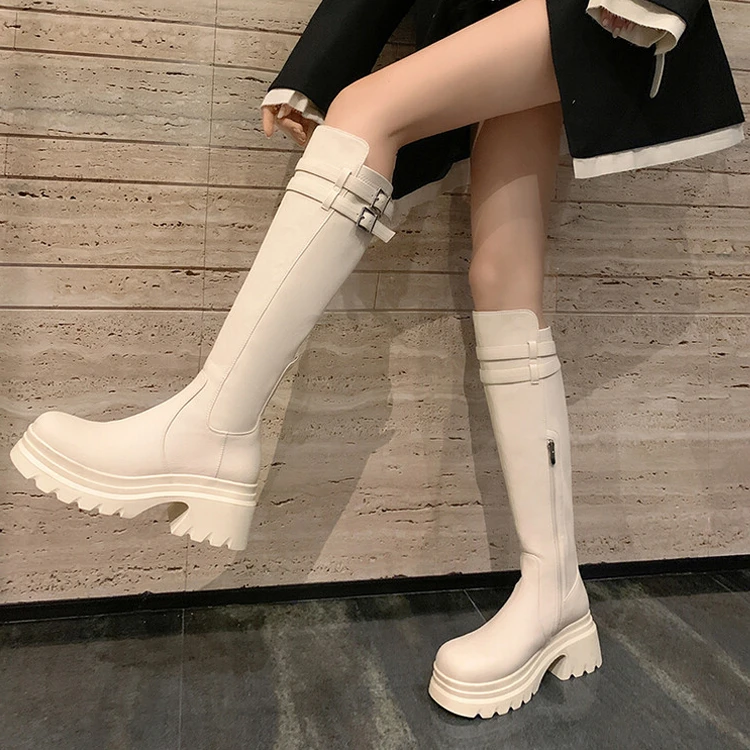 羊皮6.5cm厚底防水台侧拉链骑士靴子高跟粗跟皮带扣气质高筒靴女